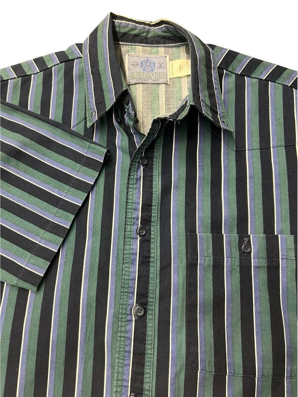 Vintage American Hero Vertical Stripe Button Up Shirt Green Black 90’s